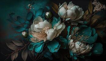 , Close up of blooming flowerbeds of amazing teal flowers on dark moody floral textured background. Photorealistic effect. photo