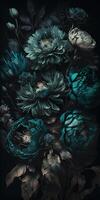 , Close up of blooming flowerbeds of amazing teal flowers on dark moody floral textured background. Vertical format. photo