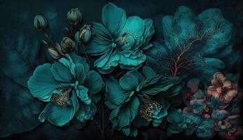 , Close up of blooming flowerbeds of amazing teal flowers on dark moody floral textured background. Photorealistic effect. photo