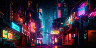 , Night scene of after rain city in cyberpunk style, futuristic nostalgic 80s, 90s. Neon lights vibrant colors, photorealistic horizontal illustration. photo