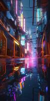 , Night scene of after rain city in cyberpunk style, futuristic nostalgic 80s, 90s. Neon lights vibrant colors, photorealistic vertical illustration. photo