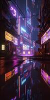 , Night scene of after rain city in cyberpunk style, futuristic nostalgic 80s, 90s. Neon lights vibrant colors, photorealistic vertical illustration. photo