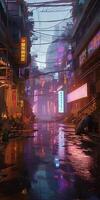 , Night scene of after rain city in cyberpunk style, futuristic nostalgic 80s, 90s. Neon lights vibrant colors, photorealistic vertical illustration. photo