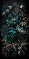 , Close up of blooming flowerbeds of amazing teal flowers on dark moody floral textured background. Vertical format. photo