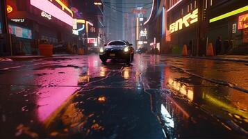 , Night scene of after rain city in cyberpunk style, futuristic nostalgic 80s, 90s. Neon lights vibrant colors, photorealistic horizontal illustration. photo