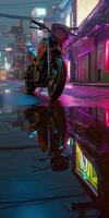 , Night scene of after rain city in cyberpunk style, futuristic nostalgic 80s, 90s. Neon lights vibrant colors, photorealistic vertical illustration. photo