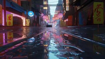 generativo ai, noche escena de después lluvia ciudad en cyberpunk estilo, futurista nostálgico años 80, años 90 neón luces vibrante colores, fotorrealista horizontal ilustración. foto