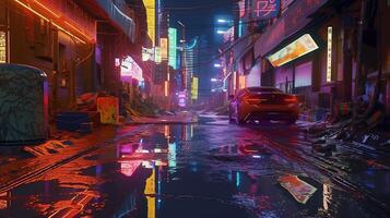 , Night scene of after rain city in cyberpunk style, futuristic nostalgic 80s, 90s. Neon lights vibrant colors, photorealistic horizontal illustration. photo