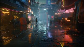 , Night scene of after rain city in cyberpunk style, futuristic nostalgic 80s, 90s. Neon lights vibrant colors, photorealistic horizontal illustration. photo