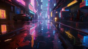 , Night scene of after rain city in cyberpunk style, futuristic nostalgic 80s, 90s. Neon lights vibrant colors, photorealistic horizontal illustration. photo