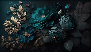 , Close up of blooming flowerbeds of amazing teal flowers on dark moody floral textured background. Photorealistic effect. photo