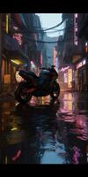 , Night scene of after rain city in cyberpunk style, futuristic nostalgic 80s, 90s. Neon lights vibrant colors, photorealistic vertical illustration. photo