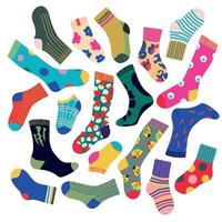 Set of trendy colorful socks. Modern socks in different colors, top down view. Socks for men, women, children. Cartoon design for web and print. vector