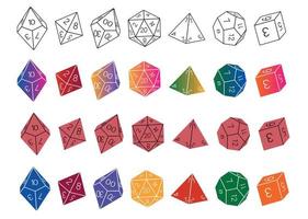 Large collection of dice on a white background, hand drawn. D8 D10 D12 D20 Board game dice, RPG dice set for board games vector