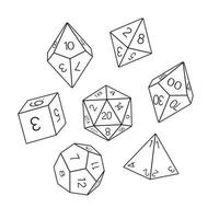 Black and white dice collection, hand drawn. D8 D10 D12 D20 Board game dice, RPG dice set for board games vector