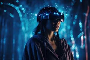 Photo of a woman with a VR headset standing in front of a glowing background with a sparkling futuristic scene.