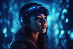 Photo of a woman with a VR headset standing in front of a glowing background with a sparkling futuristic scene.