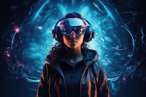 Photo of a woman with a VR headset standing in front of a glowing background with a sparkling futuristic scene.