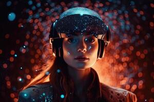 Photo of a woman with a VR headset standing in front of a glowing background with a sparkling futuristic scene.