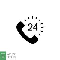 Call center 24 hours with phone icon. Full time service, technical support concept. Simple solid style. Black silhouette, glyph symbol. Vector illustration isolated on white background. EPS 10.