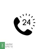 Call center 24 hours with phone icon. Full time service, technical support concept. Simple solid style. Black silhouette, glyph symbol. Vector illustration isolated on white background. EPS 10.