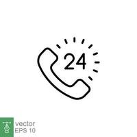 Call center 24 hours with phone icon. Full time service, technical support concept. Simple outline style. Thin line symbol. Vector illustration isolated on white background. EPS 10.