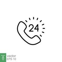 Call center 24 hours with phone icon. Full time service, technical support concept. Simple outline style. Thin line symbol. Vector illustration isolated on white background. EPS 10.