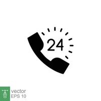 Call center 24 hours with phone icon. Full time service, technical support concept. Simple solid style. Black silhouette, glyph symbol. Vector illustration isolated on white background. EPS 10.