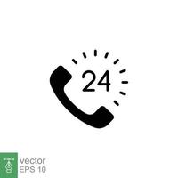 Call center 24 hours with phone icon. Full time service, technical support concept. Simple solid style. Black silhouette, glyph symbol. Vector illustration isolated on white background. EPS 10.