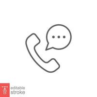 Old phone handset and talk bubble icon. Telephone support, communication concept. Simple outline style. Thin line symbol. Vector illustration isolated on white background. Editable stroke EPS 10.