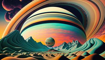 , Alien planet landscape. Psychedelic Space banner template, background. Horizontal illustration of the future with mountains, planets, trees, moon. Surrealist escapism. photo