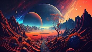 , Alien planet landscape. Psychedelic Space banner template, background. Horizontal illustration of the future with mountains, planets, trees, moon. Surrealist escapism. photo