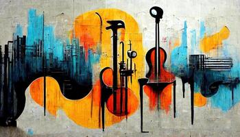 , Street art with keys and musical instruments silhouettes. Ink colorful graffiti art on a textured paper vintage background, inspired by Banksy photo