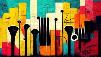 generativo ai, calle Arte con llaves y musical instrumentos siluetas tinta vistoso pintada Arte en un texturizado papel Clásico fondo, inspirado por bancos foto