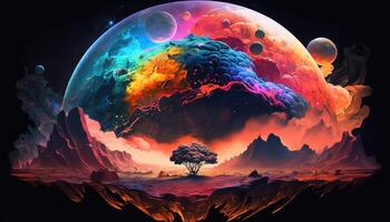 , Alien planet landscape. Psychedelic Space banner template, background. Horizontal illustration of the future with mountains, planets, trees, moon. Surrealist escapism. photo