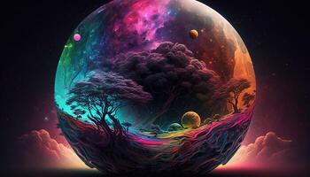 , Alien planet landscape. Psychedelic Space banner template, background. Horizontal illustration of the future with mountains, planets, trees, moon. Surrealist escapism. photo