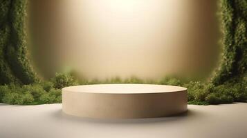 , product beige minimal scene with geometric podium platform and moss plants, mock up stand for cosmetic products. photo