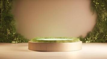 , product beige minimal scene with geometric podium platform and moss plants, mock up stand for cosmetic products. photo