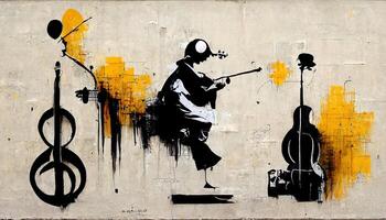 , Street art with keys and musical instruments silhouettes. Ink graffiti art on a textured paper vintage background, inspired by Banksy photo