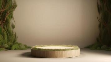 , product beige minimal scene with geometric podium platform and moss plants, mock up stand for cosmetic products. photo