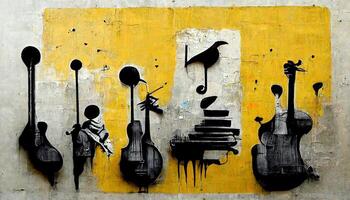 generativo ai, calle Arte con llaves y musical instrumentos siluetas tinta pintada Arte en un texturizado papel Clásico fondo, inspirado por bancos foto