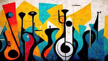 , Street art with keys and musical instruments silhouettes. Ink colorful graffiti art on a textured paper vintage background, inspired by Banksy photo