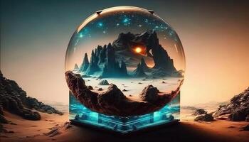 generativo ai, extraterrestre planeta, cristal pelota con paisaje, montañas, estrellas y plantas. foto