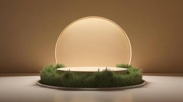 , product beige minimal scene with geometric podium platform and moss plants, mock up stand for cosmetic products. photo