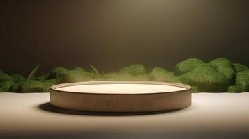 , product beige minimal scene with geometric podium platform and moss plants, mock up stand for cosmetic products. photo