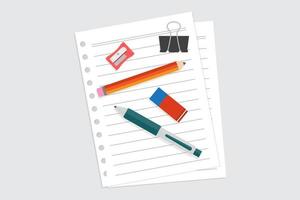 Stationery illustration flat, blank sheet of paper binding and ballpoint, pencil, sharpener, paper clip, and eraser, flat design vector illustration