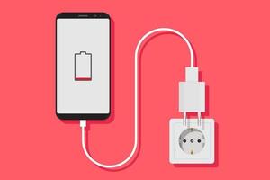 Smartphone charger adapter vector flat, smartphone, electric socket, adapter, low battery notification, flat design vector illustration