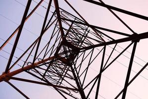 Bottom-up view inside metal structure of transmission line support pillar photo