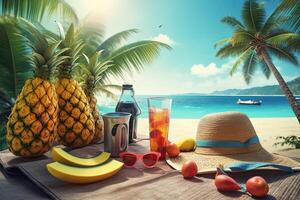 Tropical beach with sunbathing accessories, sunglasses, summer holiday concept background photo