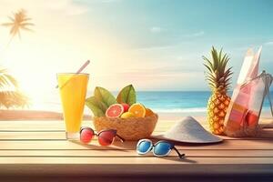 Tropical beach with sunbathing accessories, sunglasses, summer holiday concept background photo